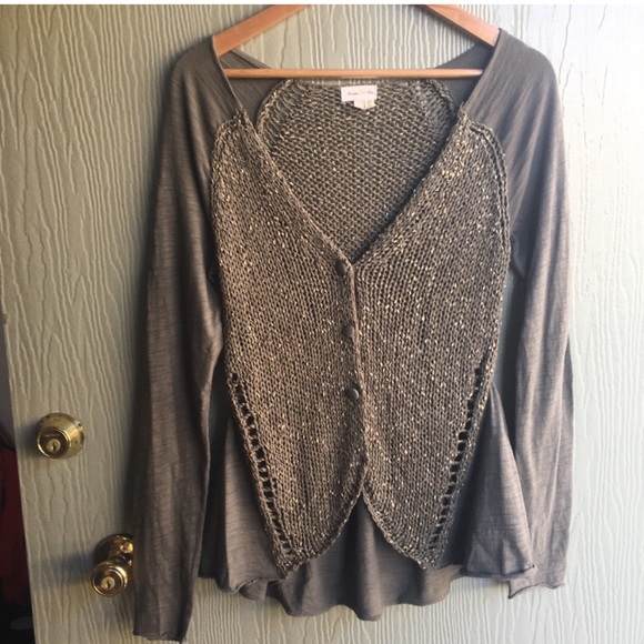 Anthropologie Meadow Rue Green Gold Knit Cardigan Sweater Ruffle Button Top Boho - Picture 7 of 11